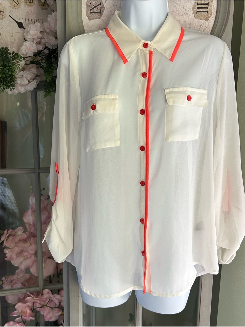 Women’s Sheer Button-Up Collared Long Sleeve Blouse Ivory with Coral Trim Size L